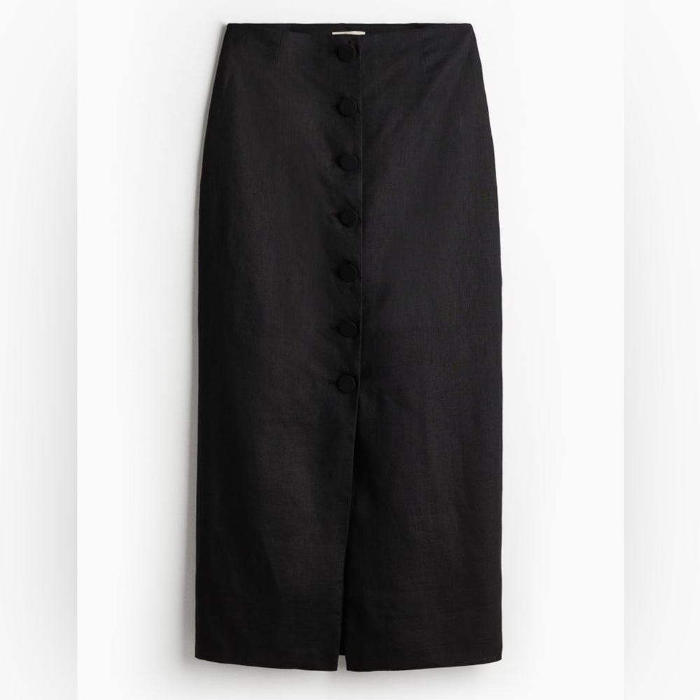 H&M black button front linen pencil skirt- size 14